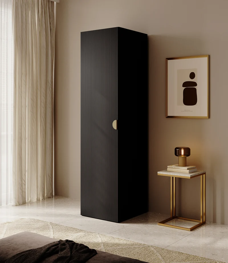 Einzeltüriger Schrank Moonir mit 50 cm Regalen, schwarz