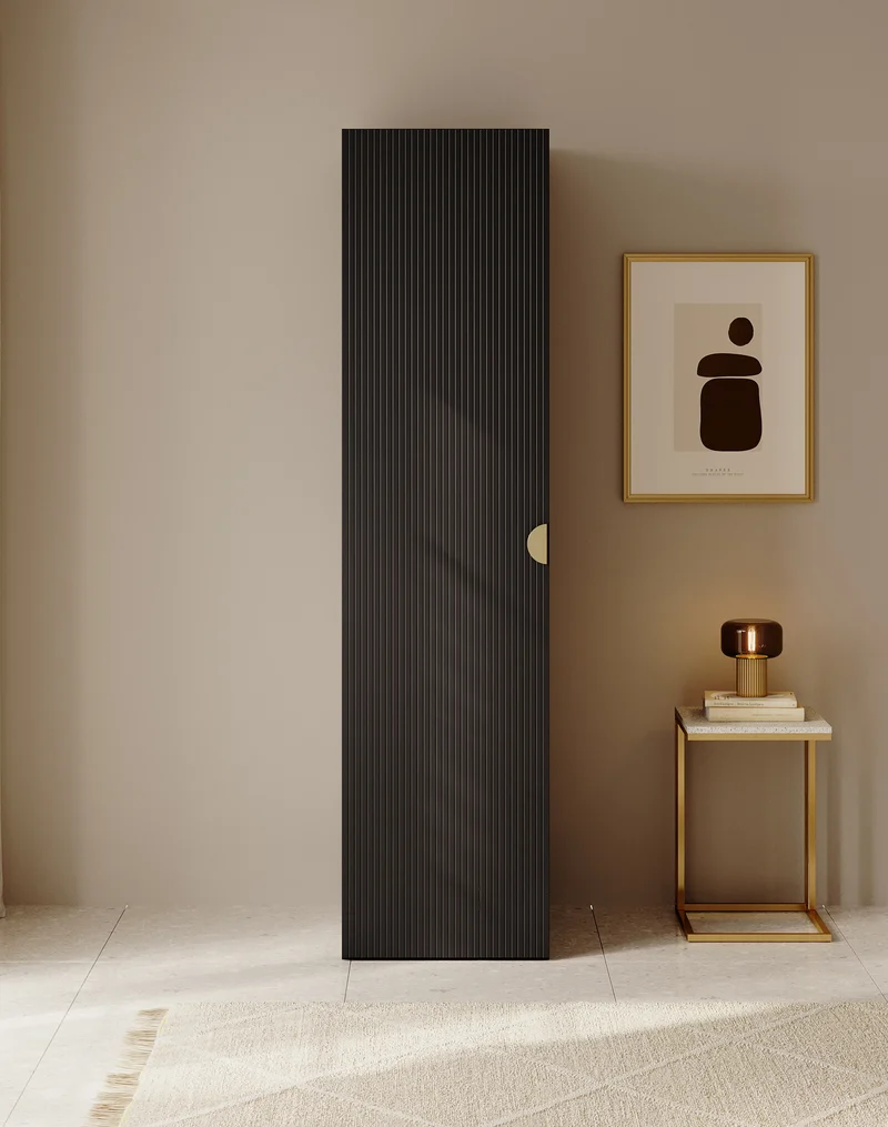 Einzeltüriger Schrank Moonir mit 50 cm Regalen, schwarz