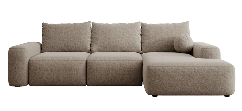 Ecksofa mit Schlaffunktion Carnos, L-förmig, mit Ball, einzelne Kissen, hellbrauner hydrophober Chenille, rechtsseitig