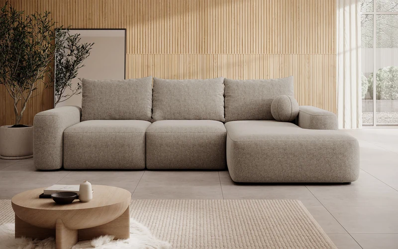 Ecksofa mit Schlaffunktion Carnos, L-förmig, mit Ball, einzelne Kissen, hellbrauner hydrophober Chenille, rechtsseitig