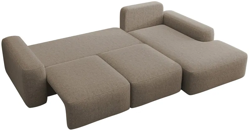 Ecksofa mit Schlaffunktion Carnos, L-förmig, mit Ball, einzelne Kissen, hellbrauner hydrophober Chenille, rechtsseitig