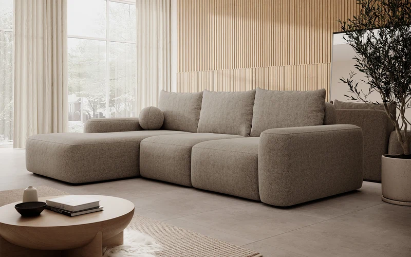 Ecksofa mit Schlaffunktion Carnos, L-förmig, mit Ball, einzelne Kissen, hellbrauner hydrophober Chenille, linksseitig