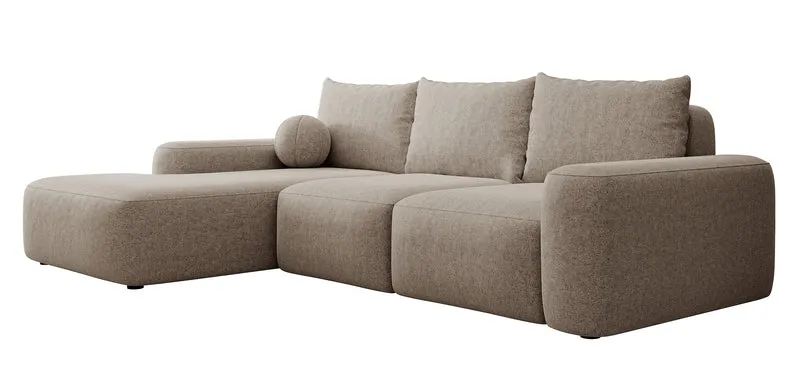 Ecksofa mit Schlaffunktion Carnos, L-förmig, mit Ball, einzelne Kissen, hellbrauner hydrophober Chenille, linksseitig