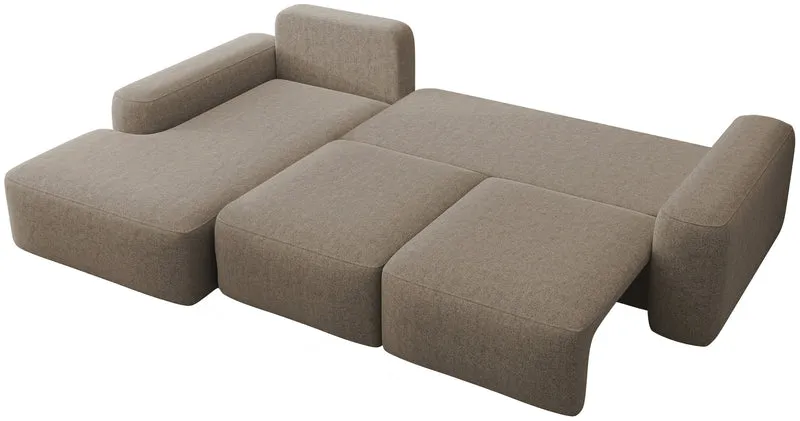 Ecksofa mit Schlaffunktion Carnos, L-förmig, mit Ball, einzelne Kissen, hellbrauner hydrophober Chenille, linksseitig