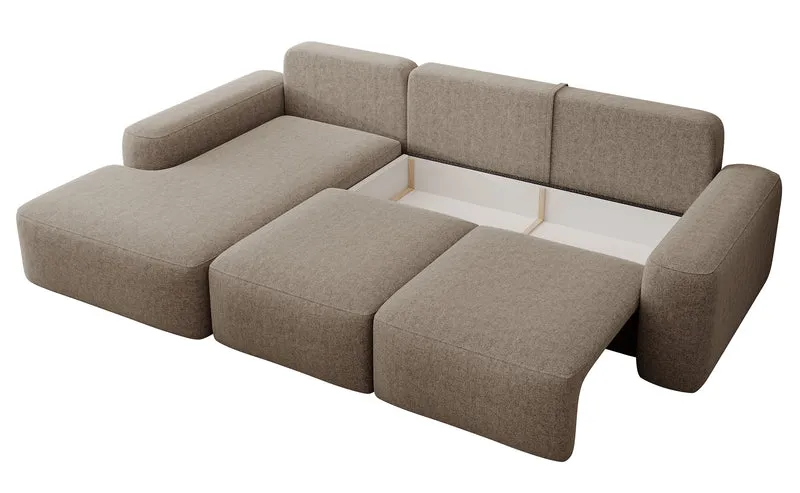 Ecksofa mit Schlaffunktion Carnos, L-förmig, mit Ball, einzelne Kissen, hellbrauner hydrophober Chenille, linksseitig