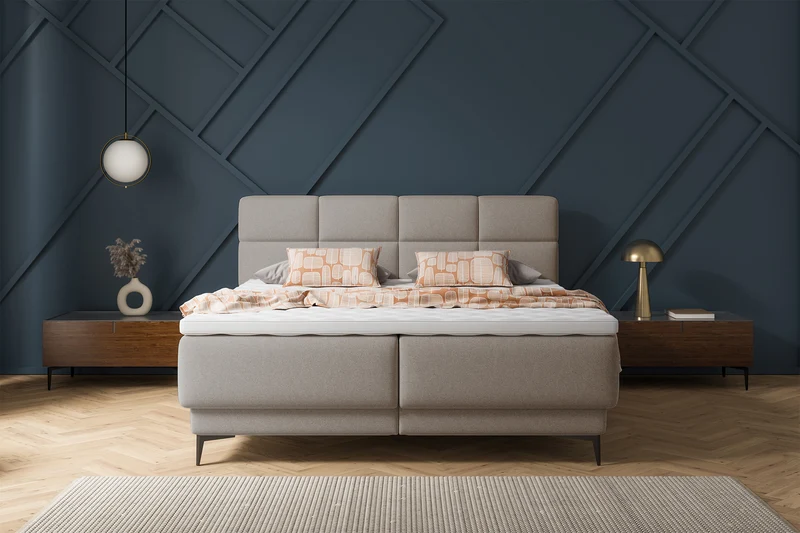 Kontinentales Bett 180x200 cm Rektango mit Stauraum und Topper, beiger Samt