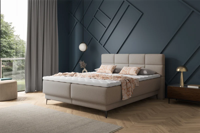 Kontinentales Bett 180x200 cm Rektango mit Stauraum und Topper, beiger Samt