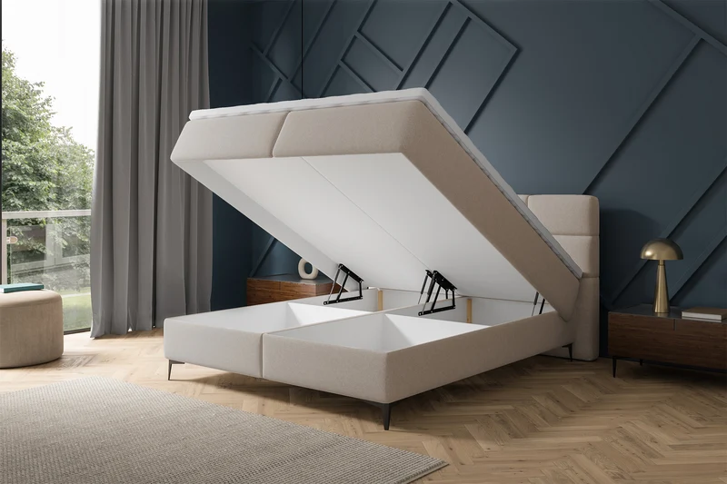 Kontinentales Bett 180x200 cm Rektango mit Stauraum und Topper, beiger Samt
