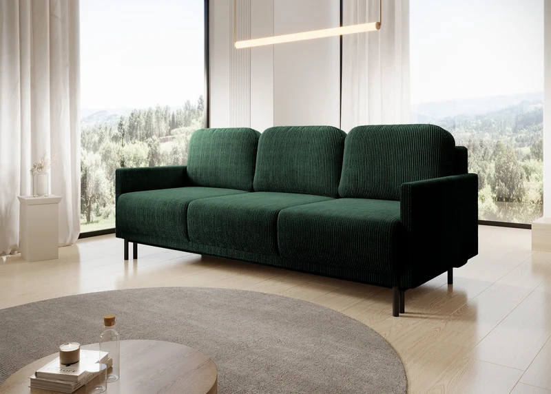 Dreisitziges ausklappbares Sofa Hamiel mit Stauraum, dunkelgrüner Cord