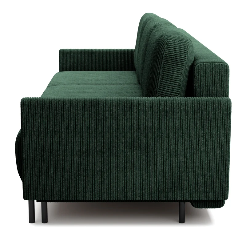 Dreisitziges ausklappbares Sofa Hamiel mit Stauraum, dunkelgrüner Cord