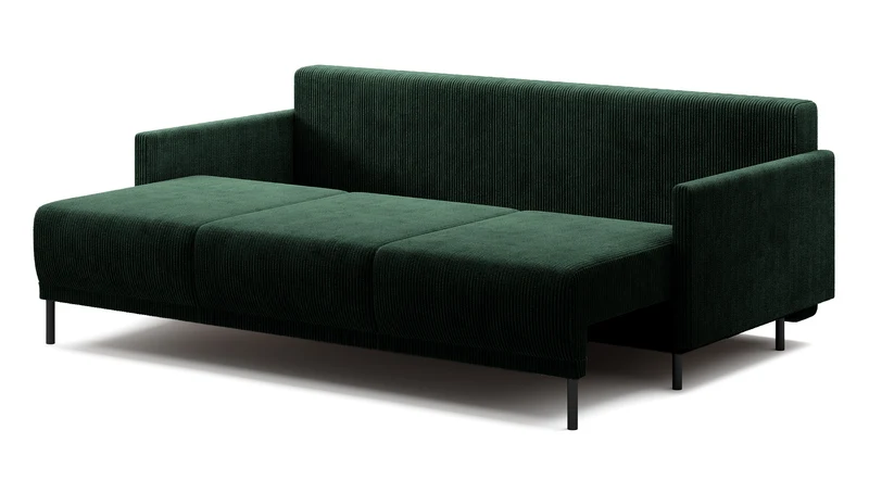 Dreisitziges ausklappbares Sofa Hamiel mit Stauraum, dunkelgrüner Cord