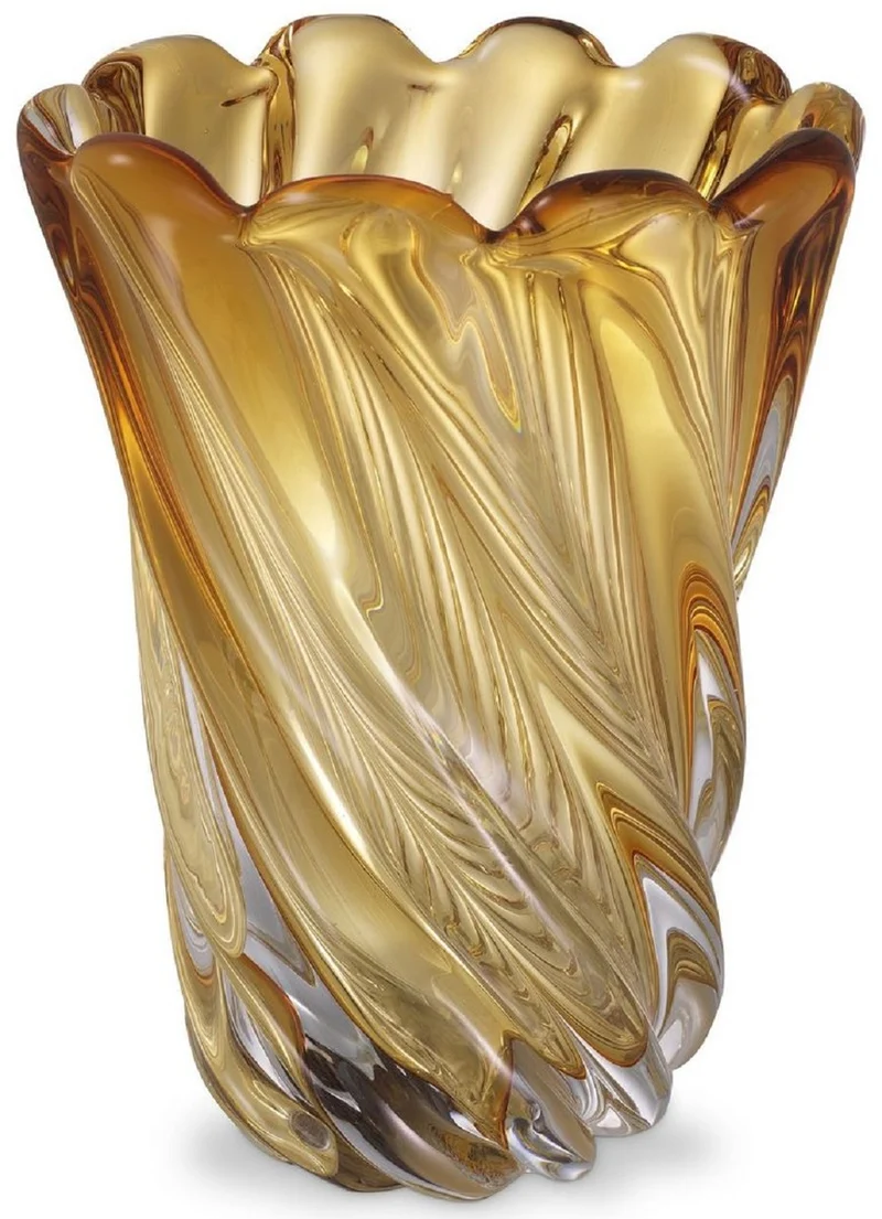 Casa Padrino Luxus Deko Glas Vase Gelb Ø 19,5 x H. 25,5 cm - Mundgeblasene Blumenvase - Luxus Deko Accessoires