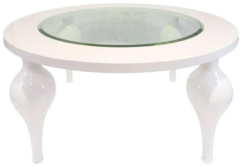Casa Padrino Neoklassik Couchtisch Hochglanz Weiß Ø 110 x H. 40 cm - Massivholz Küchentisch mit Glasplatte - Wohnzimmer Möbel im Neoklassischem Stil