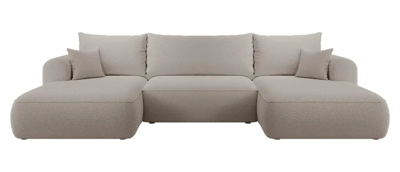 Ecksofa mit Schlafunktion Ovo U-förmig mit Stauraum, dunkelbeige Bouclé, universell einsetzbar