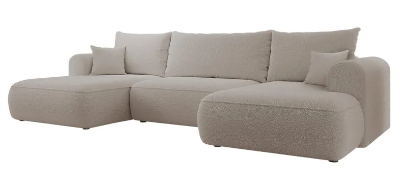 Ecksofa mit Schlafunktion Ovo U-förmig mit Stauraum, dunkelbeige Bouclé, universell einsetzbar