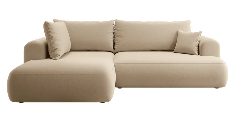 Ecksofa mit Schlaffunktion Ovo, L-förmig, mit Armlehne und Stauraum, beiger, pflegeleichter Samt, linksseitig