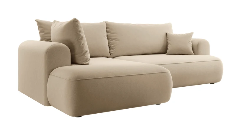 Ecksofa mit Schlaffunktion Ovo, L-förmig, mit Armlehne und Stauraum, beiger, pflegeleichter Samt, linksseitig