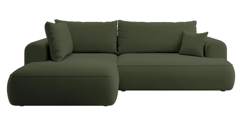 Ecksofa mit Schlaffunktion Ovo, L-förmig, mit Armlehne und Stauraum, olivgrüner, pflegeleichter Samt, linksseitig