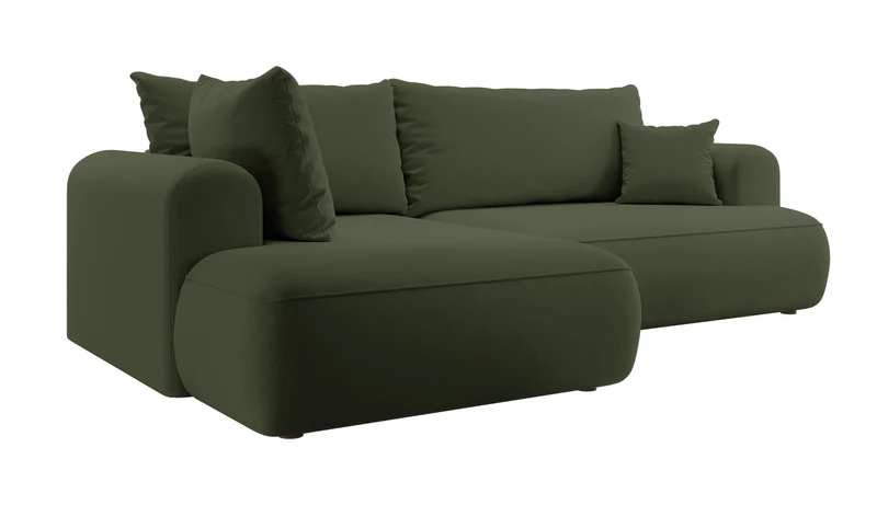 Ecksofa mit Schlaffunktion Ovo, L-förmig, mit Armlehne und Stauraum, olivgrüner, pflegeleichter Samt, linksseitig