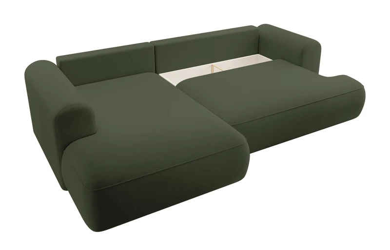 Ecksofa mit Schlaffunktion Ovo, L-förmig, mit Armlehne und Stauraum, olivgrüner, pflegeleichter Samt, linksseitig