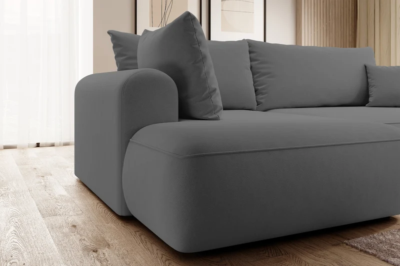 Ecksofa mit Schlaf-Funktion Ovo, L-förmig, mit Armlehne und Stauraum, dunkelgrauer, pflegeleichter Samt, linksseitig