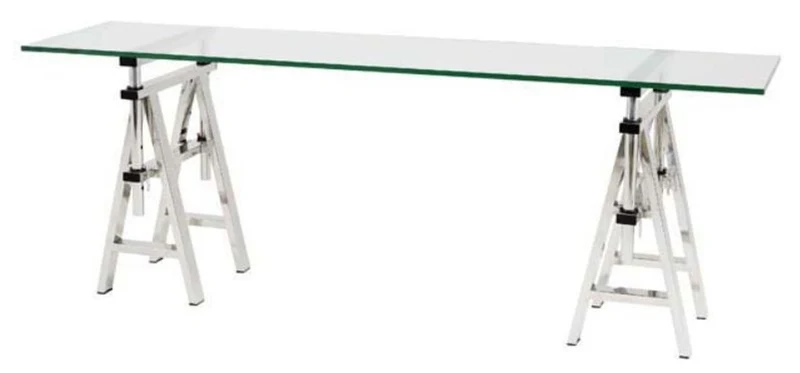 Casa Padrino Edelstahl Konsolentisch mit Glasplatte 200 x 50 x H. 66-78 cm - Luxus Wohnzimmermöbel