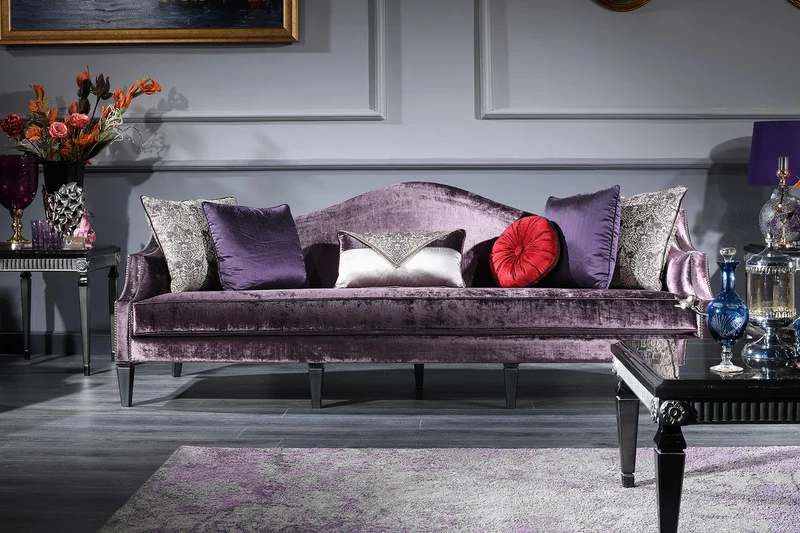 Casa Padrino Luxus Barock Samtsofa Lila / Schwarz / Silber 245 x 93 x H. 90 cm - Wohnzimmer Sofa - Barock Wohnzimmermöbel