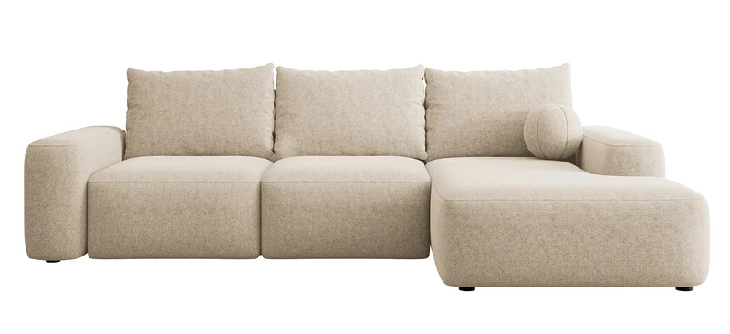 Ecksofa mit Schlaffunktion Carnos, L-förmig mit Ball, einzelne Kissen, beige hydrophobes Chenille, rechtsseitig