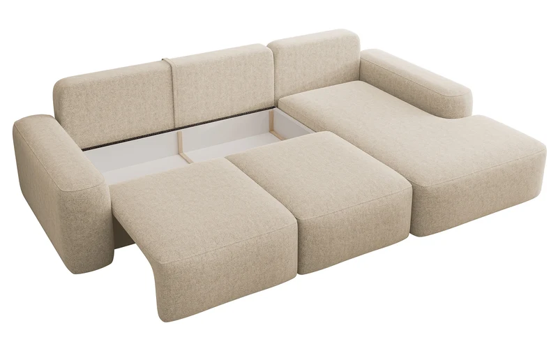 Ecksofa mit Schlaffunktion Carnos, L-förmig mit Ball, einzelne Kissen, beige hydrophobes Chenille, rechtsseitig