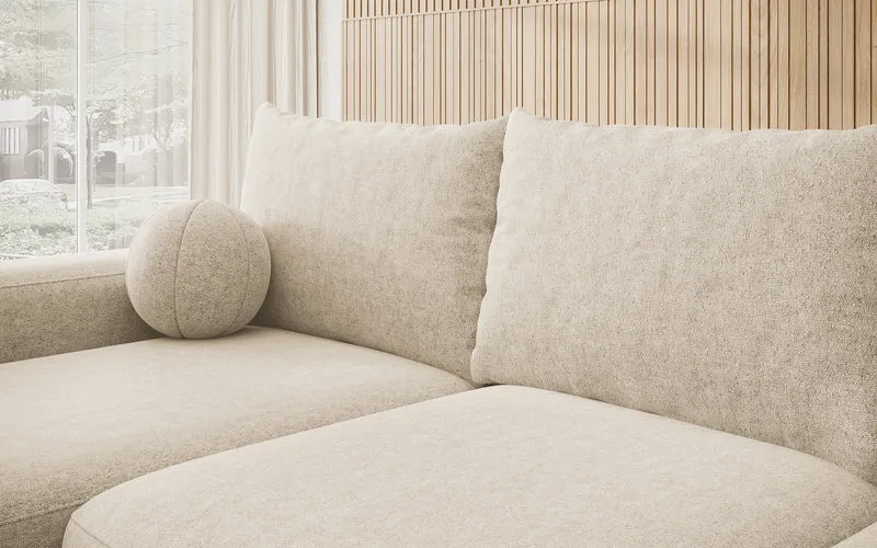 Ecksofa mit Schlaffunktion Carnos, L-förmig, mit Ball, einzelne Kissen, beiger hydrophober Chenille, linksseitig