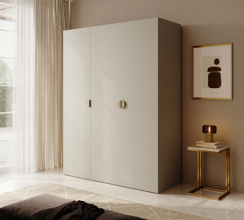 Drehtürenschrank Moonir mit Kleiderstange, Regalen und Container, 150 cm, Grau-Beige