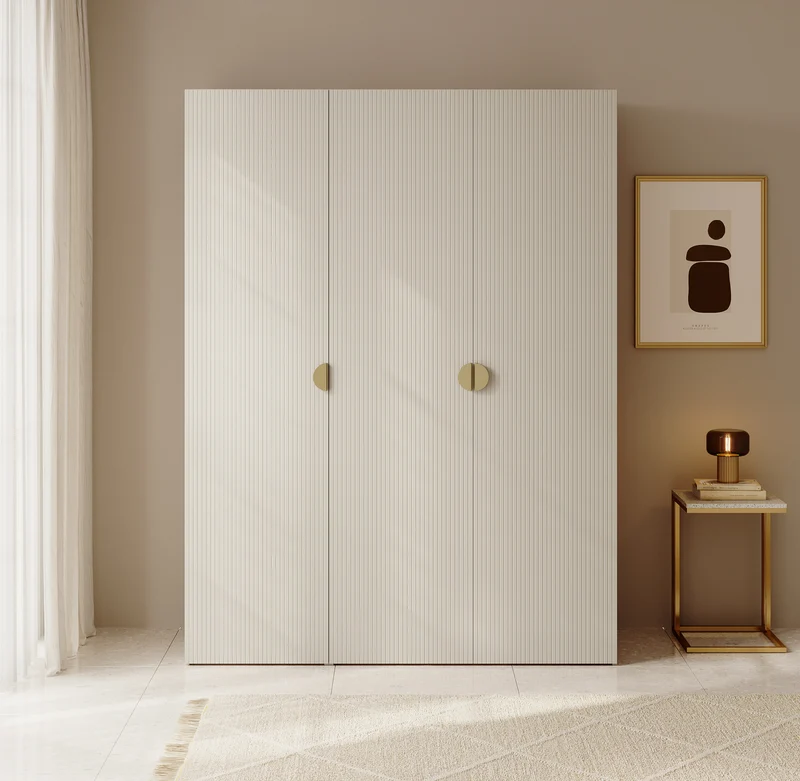 Drehtürenschrank Moonir mit Kleiderstange, Regalen und Container, 150 cm, Grau-Beige