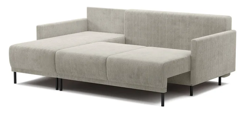 Ausziehbare Eckcouch Hamiel, L-förmig, mit Stauraum, universell, hellbeige Cordstoff
