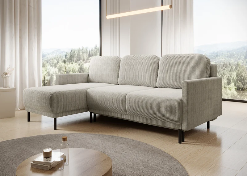 Ausziehbare Eckcouch Hamiel, L-förmig, mit Stauraum, universell, hellbeige Cordstoff