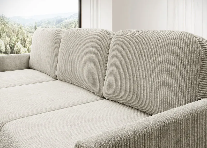 Ausziehbare Eckcouch Hamiel, L-förmig, mit Stauraum, universell, hellbeige Cordstoff