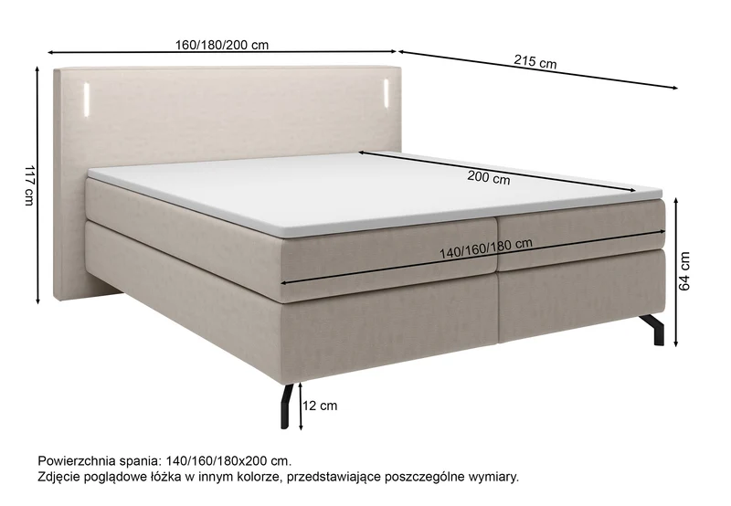 Kontinentalbett Lanko 180x200 cm mit Topper und Beleuchtung, grauer Samt