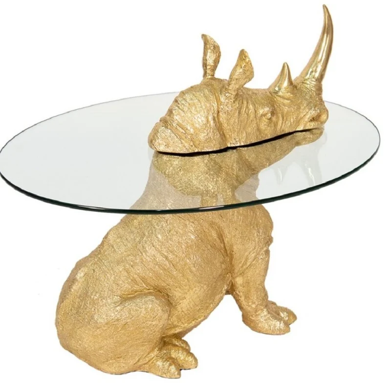Casa Padrino Luxus Beistelltisch Nashorn Gold Ø 65 x H. 55 cm - Runder Kunstharz Tisch mit Glasplatte - Wohnzimmer Möbel - Luxus Möbel - Luxus Einrichtung - Wohnzimmer Einrichtung