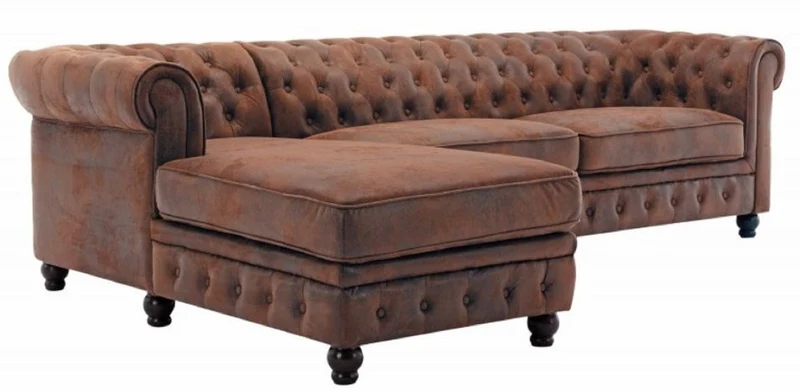 Casa Padrino Chesterfield Ecksofa Links Antik Braun - Microfaser Wohnzimmer Sofa - Chesterfield Wohnzimmer Möbel