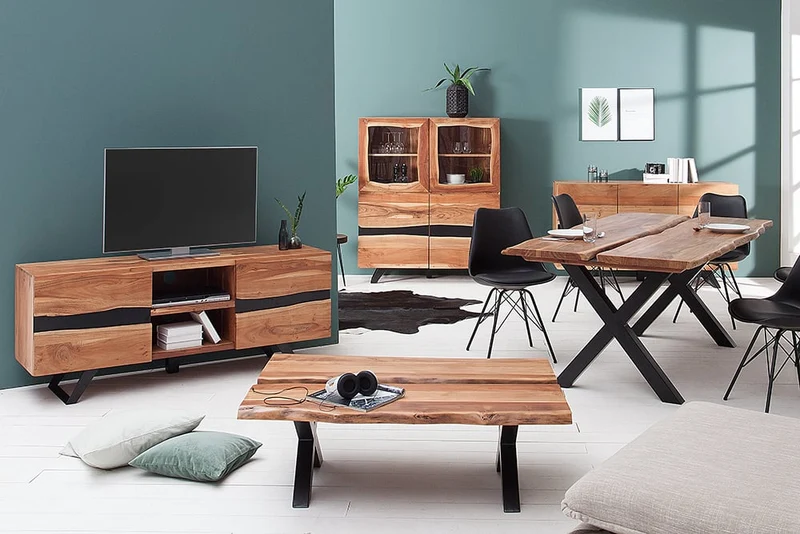 Design Esstisch DIVISIO 200cm Akazie natural Baumkante X-Gestell