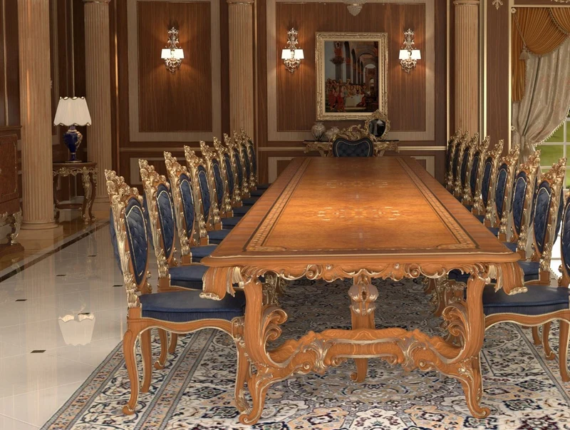 Casa Padrino Luxus Barock Esszimmer Stuhl Set Dunkelblau / Braun / Gold 57 x 62 x H. 105 cm - Prunkvolles Küchen Stühle 4er Set - Hotel Restaurant Schloss Möbel - Luxus Qualität - Made in Italy