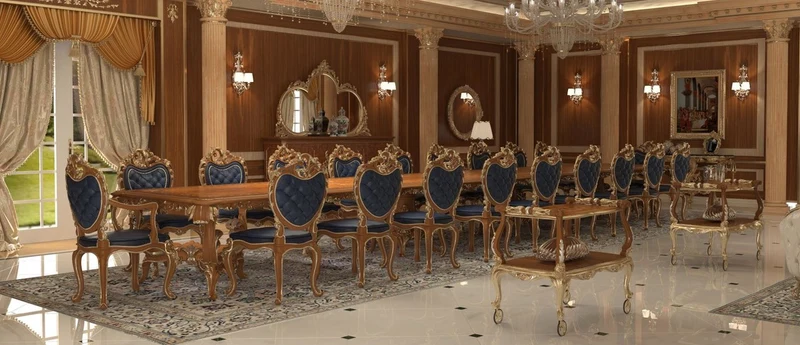 Casa Padrino Luxus Barock Esszimmer Stuhl Set Dunkelblau / Braun / Gold 57 x 62 x H. 105 cm - Prunkvolles Küchen Stühle 4er Set - Hotel Restaurant Schloss Möbel - Luxus Qualität - Made in Italy