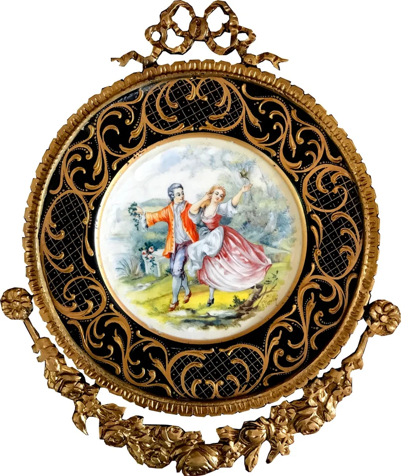 Casa Padrino Barock Keramik Wandbild mit verziertem Rahmen 38 x 32 cm Liebespaar - Barock Wanddeko Wandteller Antik Stil