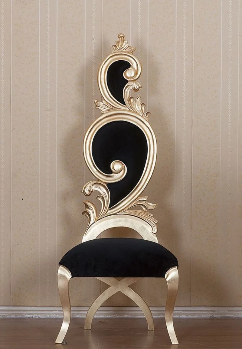 Casa Padrino Barock Esszimmerstuhl Schwarz / Gold 65 x 54 x H. 166 cm - Prunkvoller Mahagoni Küchenstuhl mit edlem Samtstoff - Barock Esszimmer Möbel
