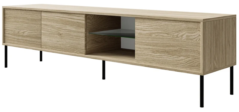 Drehtüriger TV-Schrank Modity mit Glasablage und Beleuchtung, 175 cm, Eiche auf schwarzen Beinen