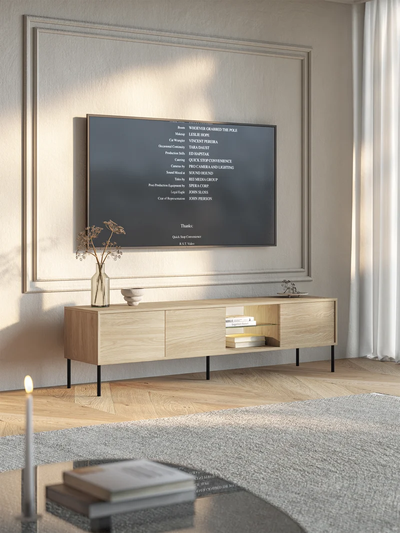 Drehtüriger TV-Schrank Modity mit Glasablage und Beleuchtung, 175 cm, Eiche auf schwarzen Beinen