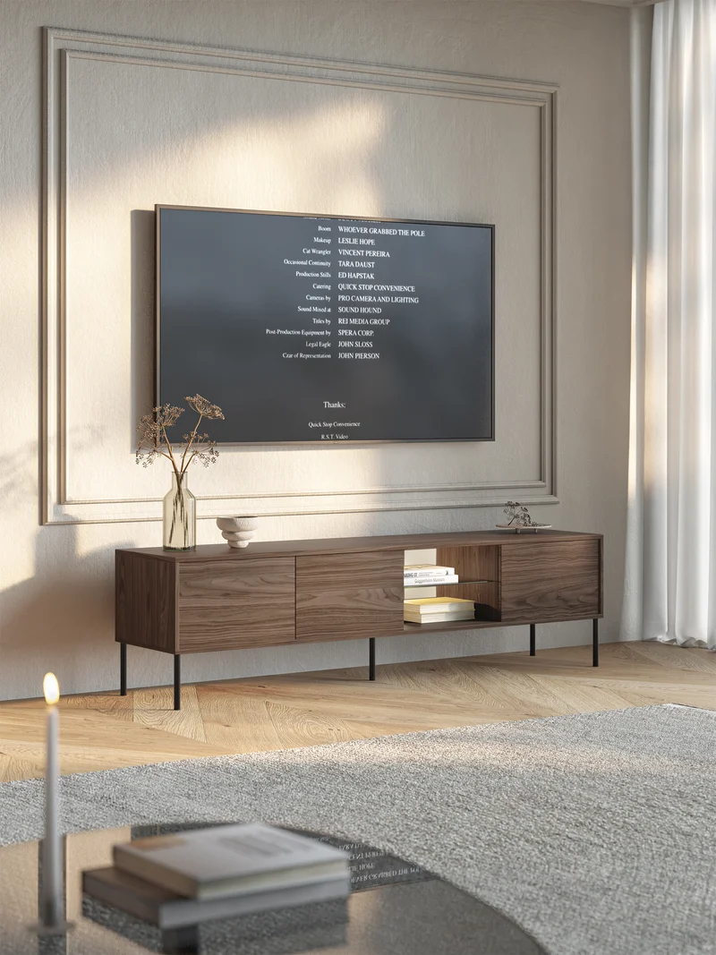 Drehtüriger TV-Schrank Modity mit Glasablage und Beleuchtung, 175 cm, Nussbaum auf schwarzen Füßen