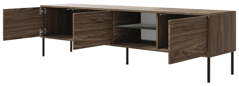 Drehtüriger TV-Schrank Modity mit Glasablage und Beleuchtung, 175 cm, Nussbaum auf schwarzen Füßen