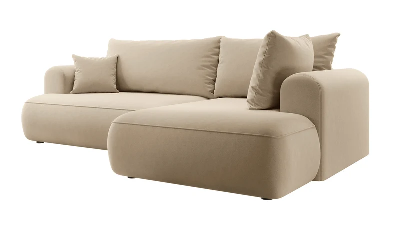 Ecksofa mit Schlaffunktion Ovo, L-förmig, mit Armlehne und Stauraum, beige Velours, pflegeleicht, rechtsseitig