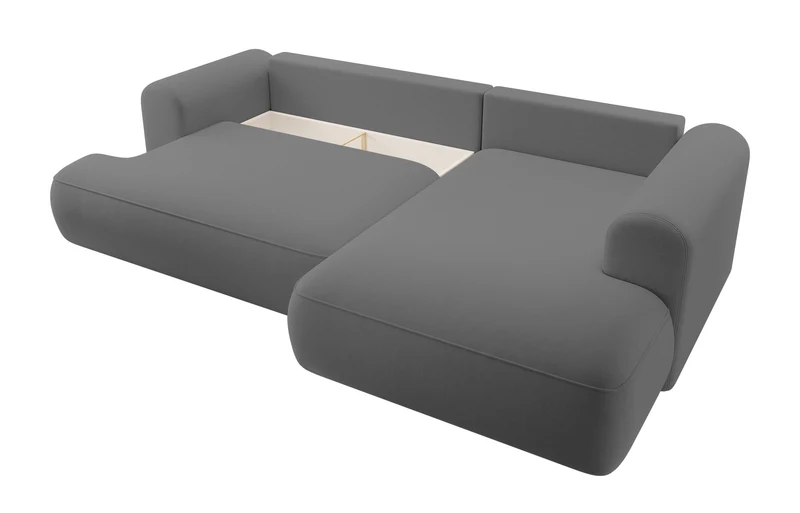 Ecksofa mit Schlaffunktion Ovo, L-förmig, mit Armlehne und Stauraum, dunkelgrauer, pflegeleichter Samt, rechtsseitig