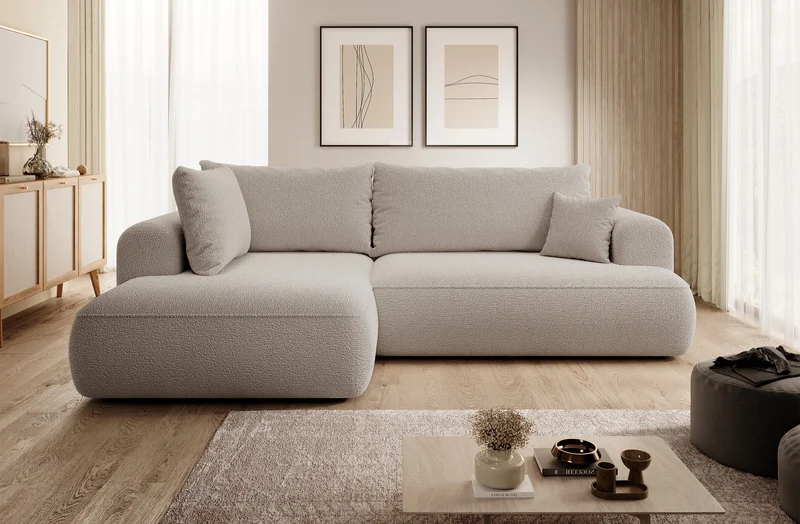 Ecksofa mit Schlaffunktion Ovo, L-förmig, mit Armlehne und Stauraum, dunkelbeige Bouclé, linksseitig
